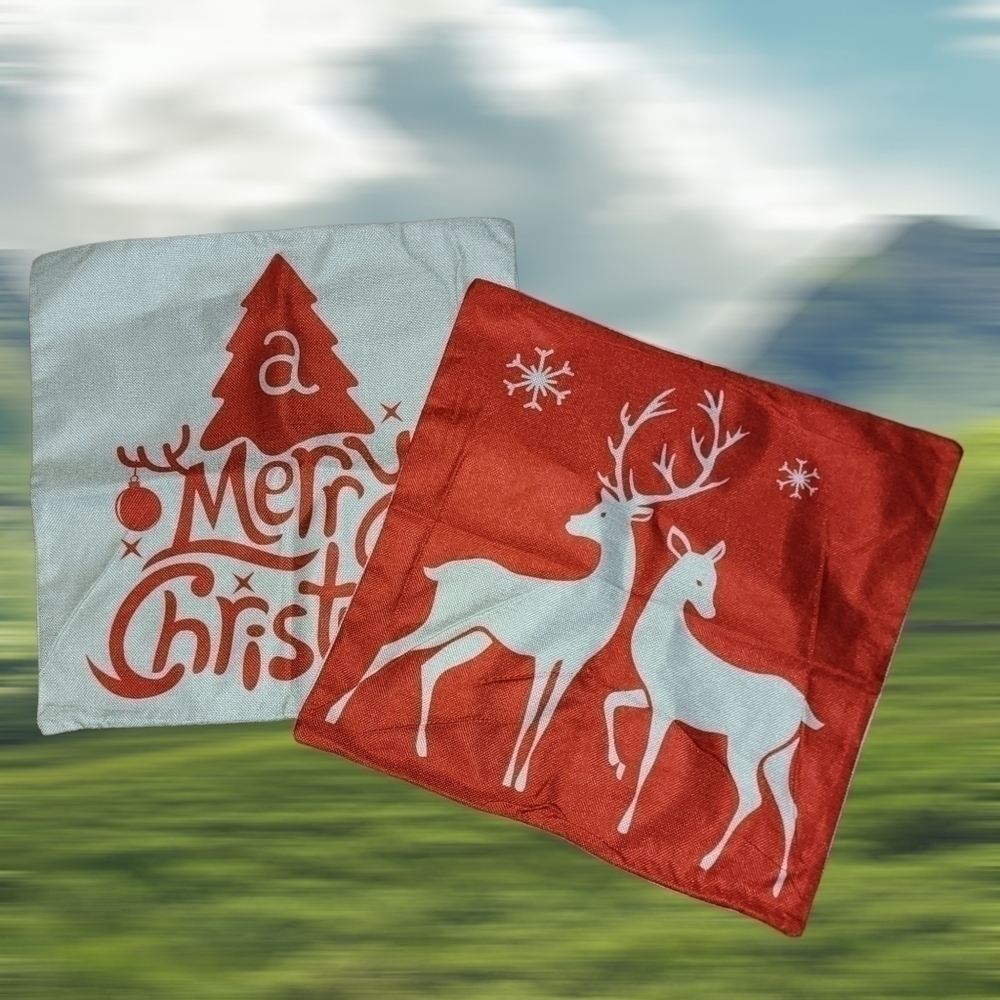 New CHRISTMAS Tree Deer Family Canvas Pillow Covers 18x18" Set Of 2 - T49